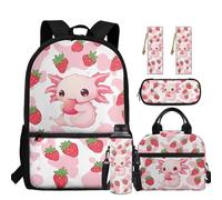 chaqlin Zaino per ragazzi Borsa per la scuola Borsa termica per il pranzo Grande Astuccio 5 Pezzi Bookbags Set Portabottiglie D'acqua Segnalibro, Axolotl alla fragola, Carino