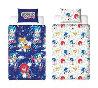 Character World Sonic The Hedgehog - Set copripiumino singolo ufficiale, design liquido, reversibile, su 2 lati, con federa coordinata, set per letto singolo, blu con code e nocche