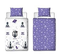 Character World Wednesday - Set copripiumino per letto singolo, design destinato, reversibile, 2 lati, prodotto ufficiale, con federa coordinata, trapunta per letto singolo viola e bianco