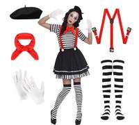 Charfia Costume da donna e uomo, costume da Carnevale, nero, berretto da basco, calze nere e bianche a righe, panno rosso, bretelle regolabili rosse, guanti, costume da carnevale, Nero ,