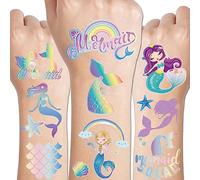 CHARLENT 100 Tatuaggi Temporanei a Sirena per Accessori per la Festa dei Bambini - 6 Fogli di Tatuaggi a Sirena Scintillanti per Ragazze, Regali di Compleanno a Sirena
