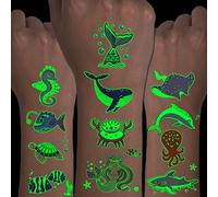 CHARLENT Tatuaggi di Animali Marini Luminosi per Bambini - 14 Fogli Tatuaggi Temporanei di Creature Sottomarine Che Brillano Al Buio per Ragazzi E Ragazze Bomboniere per Feste di Compleanno
