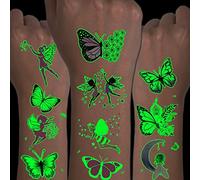 CHARLENT Tatuaggi Luminosi a Tema Farfalla per Bambini - 14 Fogli di Tatuaggi Temporanei che Brillano al Buio a Tema Farfalle e Fate per Feste di Compleanno per Ragazze