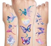 CHARLENT Tatuaggi Temporanei Glitter per Bambine e Donne - 110 Stili Glitter con Farfalle, Luna, Fate, Unicorni e Sirene per Bomboniere e Trucco da Festa
