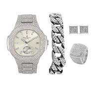 Charles Raymond Bling-ed Out It's Lit! GJM13 - Orologio e gioielli in stile hip hop con bracciale a catena cubana, orecchini e anello con aquilone, ST10235VO Argento lucido, 11, Casual