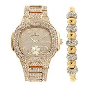 Charles Raymond Bling-ed Out - Orologio da uomo in metallo oblungo con cinturino in oro e bracciale Shamballa in oro Bling-ed Out - 8475GSham