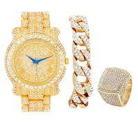 Charles Raymond Bling-ed Out Orologio da uomo rotondo di lusso con bracciale cubano Bling-ed Out e anello King ghiacciato - L0504 BR, set da 3 pezzi, oro, 6 UK