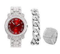 Charles Raymond Bling-ed Out Round Orologio da uomo di lusso con bracciale cubano Bling-ed Out e set di anelli re ghiacciati - L0504 BR 3 pezzi Set