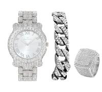 Charles Raymond Bling-ed Out Round Orologio da uomo di lusso con bracciale cubano Bling-ed Out e set di anelli re ghiacciati - L0504 BR 3 pezzi Set