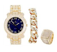 Charles Raymond Bling-ed Out Round Orologio da uomo di lusso con bracciale cubano Bling-ed Out e set di anelli re ghiacciati - L0504 BR 3 pezzi Set