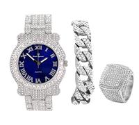 Charles Raymond Bling-ed Out Round Orologio da uomo di lusso con bracciale cubano Bling-ed Out e set di anelli re ghiacciati - L0504 BR 3 pezzi Set