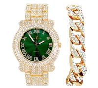 Charles Raymond Bling-ed Out Silver Round Luxury Mens Watch w/Bling-ed Out Bracciale - L0504B, L0504DXB cubano (oro romano denaro verde), mens, L0504B (L0504RNB Cuban Gold Money Green)