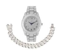 Charles Raymond Silver Bling'ed Out Orologi da uomo su Blast w/Zig Zag Bling'ed Out Set di collane e bracciali - Nuovi collegamenti cubani Z w/3 diamanti fila su ogni lato - ST102SSeries, Strass