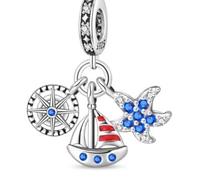 Charm a forma di barca a vela, bussola, stella marina, in argento Sterling 925, compatibile con ciondoli Pandora, Trollbeads, Chamilia, Biagi e molti altri braccialetti con ciondoli del Regno Unito.