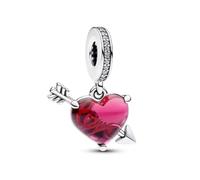 Charm a forma di cuore con freccia in argento sterling 925, in vetro di Murano rosa, compatibile con bracciali Pandora., Pequeño, Argento sterling, Cristallo