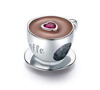 Charm a forma di tazzina da caffè con cuore e scritta “I love coffee”, in argento sterling 925, smaltato rosso, compatibile con braccialetti Pandora, Zirconia cubica