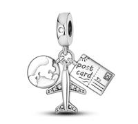 Charm da viaggio in argento 925 - Ciondolo in stile Pandora con aereo, mondo e cartolina - ricordi di avventure e momenti speciali - compatibile con bracciali Pandora
