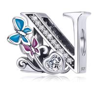 Charm in argento con lettera iniziale a forma di farfalla, per braccialetti Pandora, ciondoli fai da te, regali per donne, Smalto, Zirconie sintetico