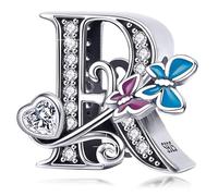 Charm in argento con lettera iniziale a forma di farfalla, per braccialetti Pandora, ciondoli fai da te, regali per donne, Smalto, Zirconie sintetico
