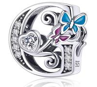 Charm in argento con lettera iniziale a forma di farfalla, per braccialetti Pandora, ciondoli fai da te, regali per donne, Smalto, Zirconie sintetico