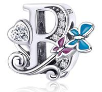 Charm in argento con lettera iniziale a forma di farfalla, per braccialetti Pandora, ciondoli fai da te, regali per donne, Smalto, Zirconie sintetico