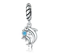 Charm in argento Sterling 925 con vetro di Murano blu opalescente e blu scuro, a forma di tartaruga marina, delfini, sirena, per braccialetti Pandora, Argento