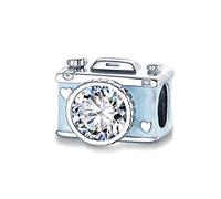 Charm per fotocamera compatibile con braccialetti Pandora in argento Sterling 925, con cristalli smaltati blu e nero, per braccialetti e collane fai da te