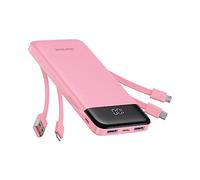 Charmast Power Bank con cavi integrati, batteria USB C da 10000 mAh, 6 uscite, 3 ingressi, con display a LED, caricatore portatile compatibile con smartphone, tablet e altro (rosa)