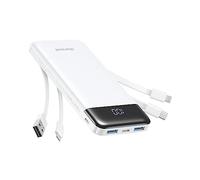 Charmast Power Bank con cavi integrati, batteria USB C da 10000 mAh, 6 uscite, 3 ingressi con display a LED di tipo C, caricabatterie portatile compatibile con smartphone, tablet e altro (bianco)