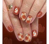 CharmBurst 24 Pezzi Unghie Finte Decorate per Halloween in Arancione con Zucca e Fantasmi, Dolci Unghie Finte con Motivi Floreali, Unghie Halloween Corte, Punte Unghie False