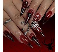 CharmBurst 24 Pezzi Unghie Finte Lunghe Stiletto Rosse Glitterate con Ragnatela, Unghie Adesive per Halloween, Unghie Scure Horror