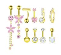 CharmBurst Gold Bauchnabelringe, 14G Acciaio Chirurgico, Design Pendente con Fiore e Cuore, Opale Rosa, Resistente all'acqua, Ipoallergenico, Piercing Ombelico e Gioielli Ombelico