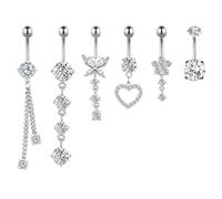 CharmBurst Set da 6 pezzi di piercing da pancia appeso, piercing da unghia in acciaio chirurgico argento con zirconia, anello da piercing da pancia, piercing da pancia, p