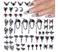 CHarmeFleur 52 Pezzi Incantesimo Unghie Halloween 3D Ragno Luna Cuore Farfalla Catena Chiodi Pietre Accessori Unghie Scure con Vetro Rosso Chiodi Strass per Donne
