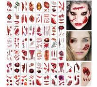 CharmeFleur 60 pezzi Halloween tatuaggi temporanei zombie cicatrice, finta ferita sanguinante cicatrice crosta corpo viso adesivi tatuaggi impermeabili per scherzi e trucco per feste