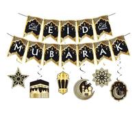 CHarmeFleur 8 Pezzi Eid Mubarak Striscione Ramadan Kareem Decorazioni Pendenti Spirali Nastri Ghirlande con Luna Stella Mihrab Qibla Parete Minareto Evento Festa Ornament