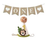 CharmeFleur Decorazioni per il 1° compleanno per ragazzi - Set di cappello e striscione in iuta Wild One Party a tema leone safari giungla, accessori fotografici per torta