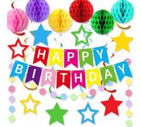 CharmeFleur Happy Birthday Banner, decorazione di compleanno arcobaleno con 6 sfere a nido d'ape, 8 girandole a stella e ghirlanda a punti, decorazione di compleanno
