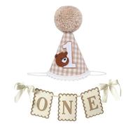 CHarmeFleur Teddy Bear - Set di accessori per la festa del primo compleanno, cappello a cono con striscione, set di bandiere, per torta di compleanno iniziale, per ragazzi e ragazze, foto per bambini