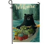 Charming Bear Welcome Garden Flag, Green River Forest, Summer Outdoor Lawn Banner, Fun Nature Theme Holiday Decoration 30,5 x 45,7 cm