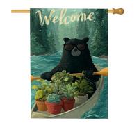 Charming Bear Welcome Garden Flag, Green River Forest, Summer Outdoor Lawn Banner, Fun Nature Theme Holiday Decoration 71 x 101 cm