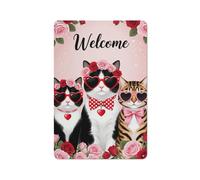 Charming Cat Valentine'S Day - Welcome With Pink Roses And Heart Targa In Latta Facile Da Installare Targhe In Latta Decorazione Targa In Metallo Per Casa Pub Parete 20X30Cm