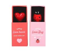 Charming Love Tokens - Set di 24 ciondoli in vetro a forma di coccinella e cuore rosso, presentati in scatola scorrevole con testo "Little Love", ideali per bomboniere, ricordi e gesti premurosi