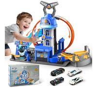Charmofun City Commissariato di Polizia con Super Loop, Set Pista per Macchinine con 4 Macchinine, 3 Parcheggi, Piste con Ascensore e Luci e Suoni, Circuito a Lancio Giocattolo per Bambini dai 4 Anni