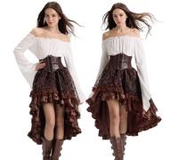 Charmofun Costume da Pirata da Donna, Abito Medievale Donna con Top A Spalle Scoperte e Corsetto da pirata, Abito Rinascimentale Vittoriana per Carnevale Halloween Cosplay (Marrone, M)