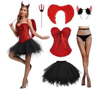 Charmofun Costume Diavolo Donna Sexy, Vestito Donna Halloween Diavolo con Corsetto Rosso, Set 6 Pezzi con Ali Corna Forcone Calze, Costume Halloween per Lei Carnevale Cosplay (XL)