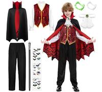 Charmofun Costume Vampiro Bambino, Vestito Dracula Bambino, Vestito Halloween Ragazzo Vampiro con Mantello, Bastone con Teschio, Dentiera Fosforescente e Adesivi, Cosplay (120)