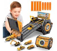Charmofun Mini Macchine Pista con Luci e Musica, Camion Trasportatore con 4 Piste 4 Auto, Giocattolo Pista da Corsa Storage Bucket Regalo di Macchinina Giocattolo per Bambini 5+ Anni (Cantiere)