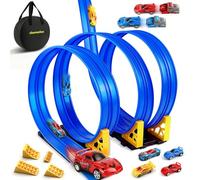 Charmofun Pista Macchinine Flessibile 5M, Giocattolo Piste da Corsa con 4 Auto, Borsa Stoccaggio, Circuito di Corse per Bambini con Rampa e Catapult, Portatile Pista per Bambini 3+ Anni (Blu)