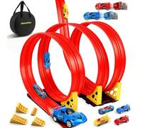 Charmofun Pista Macchinine Flessibile 5M, Giocattolo Piste da Corsa con 4 Auto, Borsa Stoccaggio, Circuito di Corse per Bambini con Rampa e Catapult, Portatile Pista per Bambini 3+ Anni (Rosso)